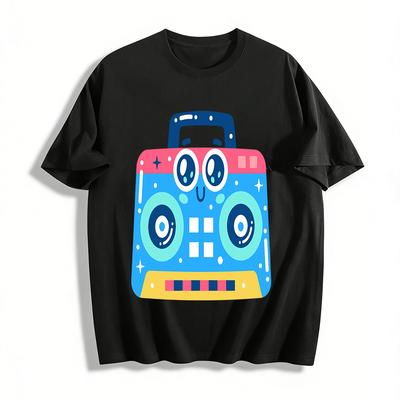 Vintage Fun Radio Print Casual T-Shirt Unisex Loose Breathable Versatile Daily Top Pure Cotton T-shirt