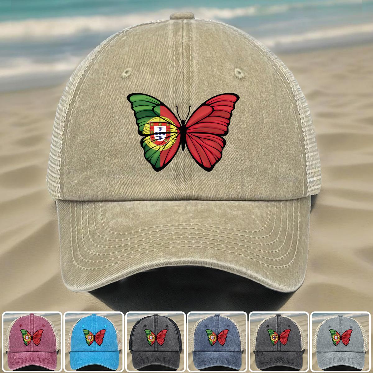 

Butterfly Flag of Portugal Print Snapback Trucker Hat,Sunshade Non-Stretch Fabric Adjustable Baseball Hat as the picture синій