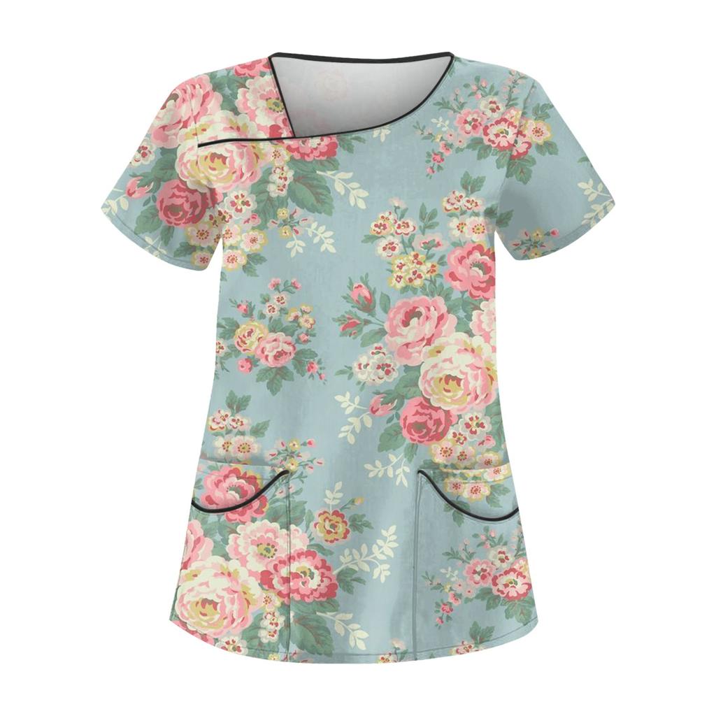 Women's Casual Printed Short Sleeve Workwear With Double Pocket Top