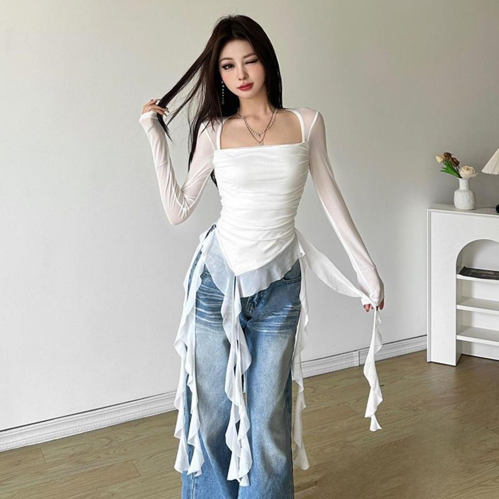 Ruffled Ribbon Mesh Long,Sleeved T,Shirt With Irregular Pleats
