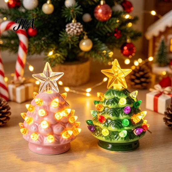 Mini Christmas Tree Decorations Ornament, Glowing Retro Resin Tabletop Decor with Star Charming Home Holiday Displays Topper, Vintage Xmas Trees Night
