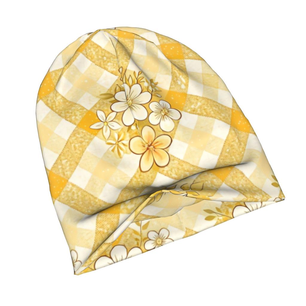 ZLIENSZUS Adult Cottagecore Beanie Hat - Golden Gingham Floral Print Suitable for Layering, Winter Warm for Streetwear & Weekend Outfits, Cozy Fall Fa