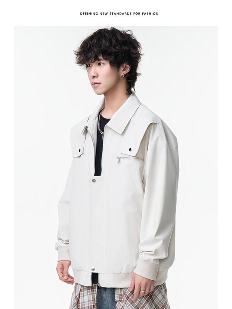 Men's Versatile Lapel Bomber Jacket - Spring & Fall Solid Color Casual Workwear