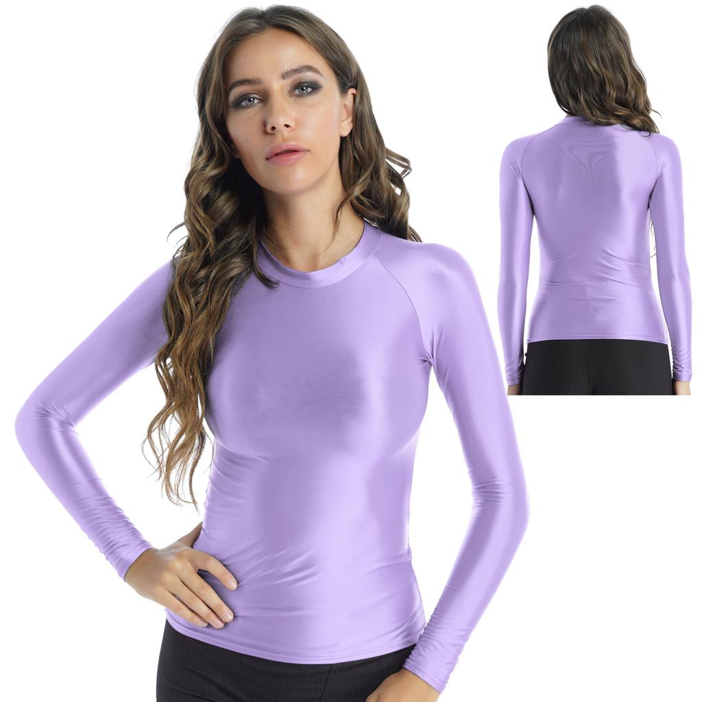 M-XL Women's Glossy Yoga Top: O Neck Long Sleeve Solid Color Slim Fit Breathable T-Shirt for Athletic Wear