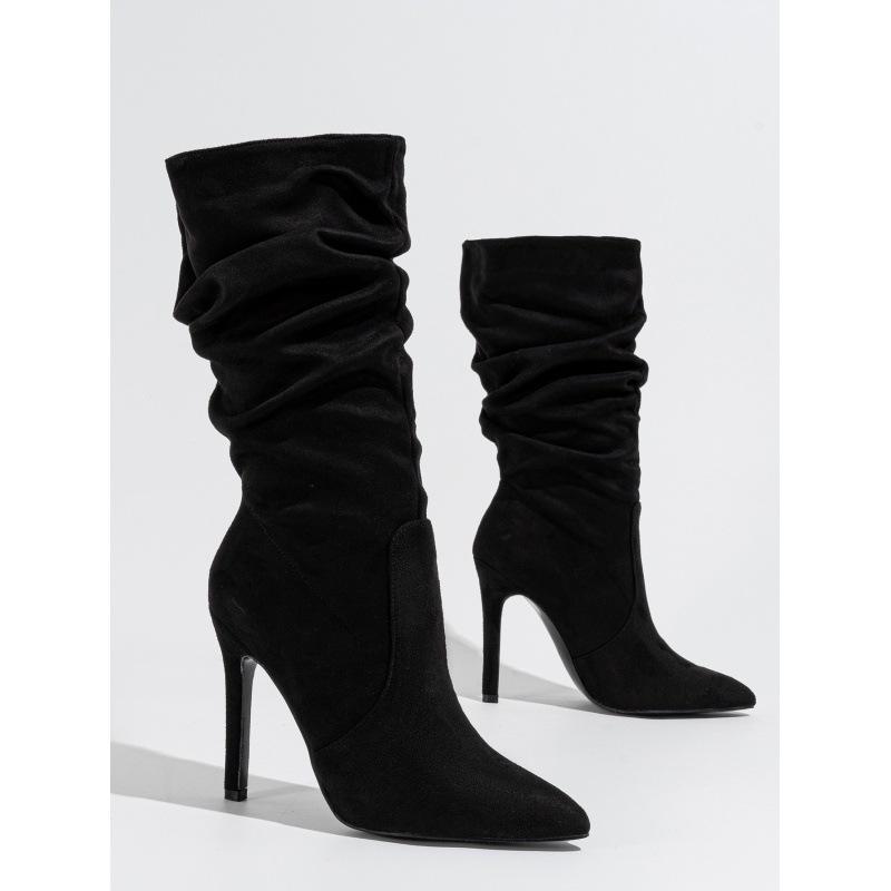 

Fashion AIYUQI 2025 new pointed toe women s stiletto high heel boots mid-tube spring female boots fashionable pleated women high heels 42 чёрный