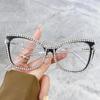Men Women Cat Eye Reading Glasses Retro Large Frame Diamond Inlaid Presbyopia Glasses Oversized Anti-Blue Light Glasses