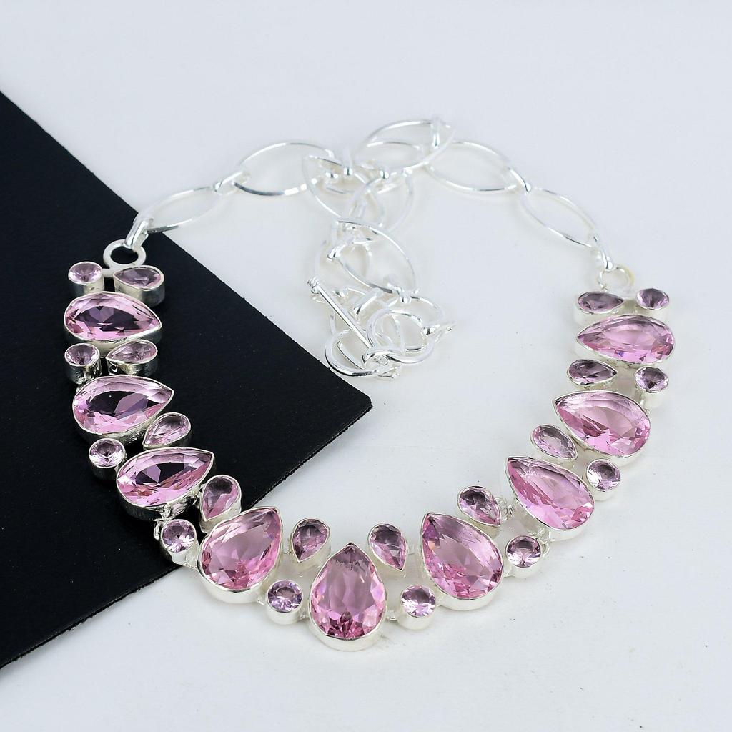 Magnifique collier en argent sterling 925 fait main avec une pierre précieuse kunzite rose, collier en argent kunzite rose pour femme, collier unisexe, cadeau de rembourrage
