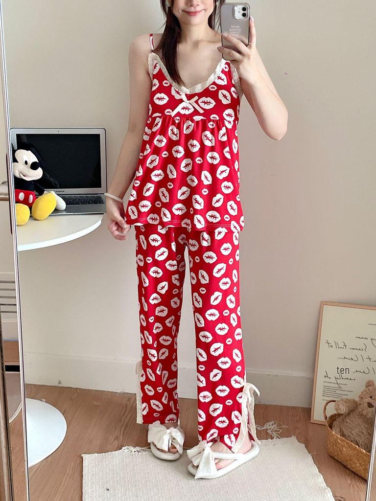 2023 Summer Women's Retro Floral Spaghetti Strap Long Pants Pajamas