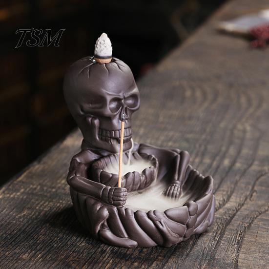 Meditation Tea Room Accessories Skeleton Incense Burner, Backflow Waterfall Cone Holder, Gothic Skull Creative Smoke Stick Holder for Halloween