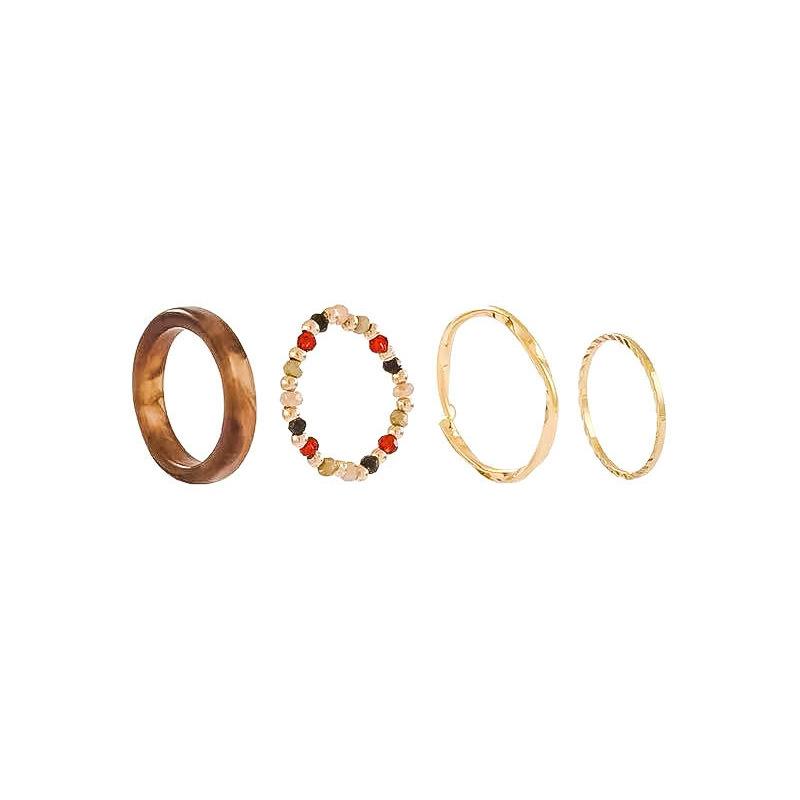 4Pcs/Set Resin Metal Twist Rings for Women Girls Korean Trendy Irregular Geometric Beaded Elastic Finger Ring Party Jewelry Gift