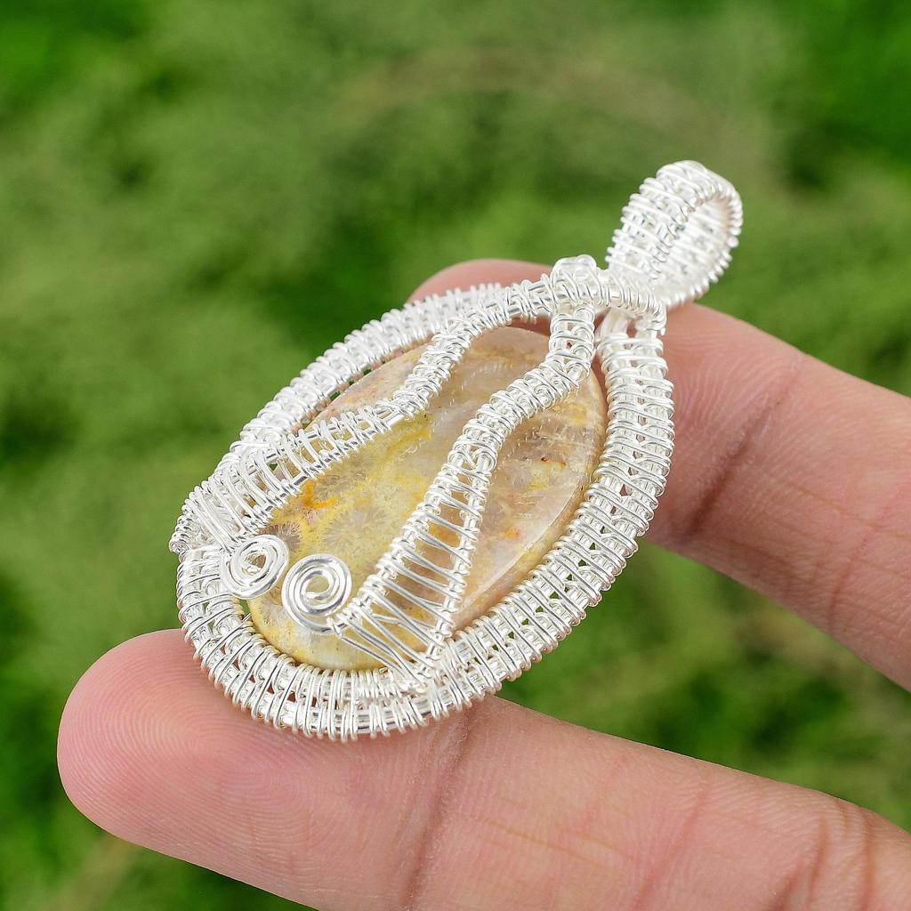 Oval Natural Fossil Coral 925 Sterling Silver Bezel Wire Wrapping Ethnic Pendant