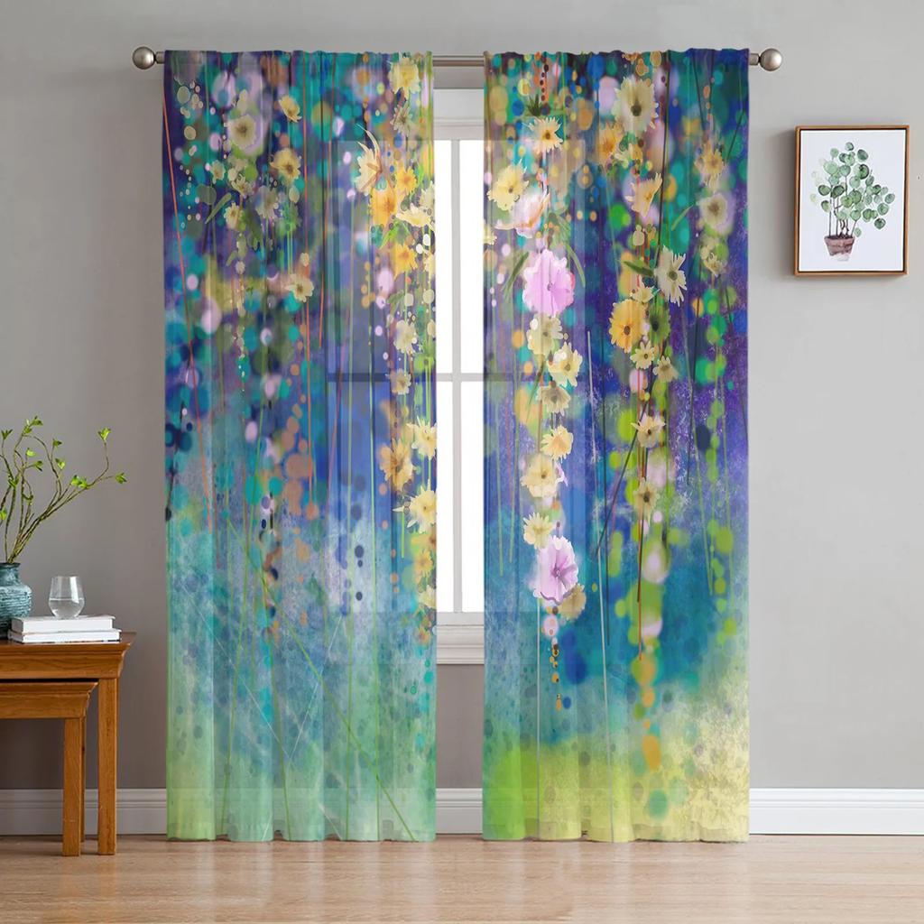 Aquarellmalerei Blumen Blätter Weiß Tüll Gardinen für Wohnzimmer Schlafzimmer Dekor Fenster Vorhang Voile Organza Vorhänge