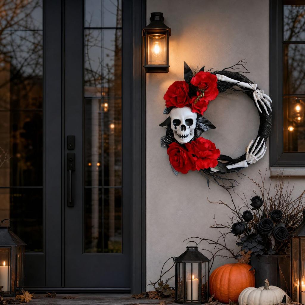 Halloween Wreath with, Hand and Red Roses for Front Door Wall Hanging Entryway Decor