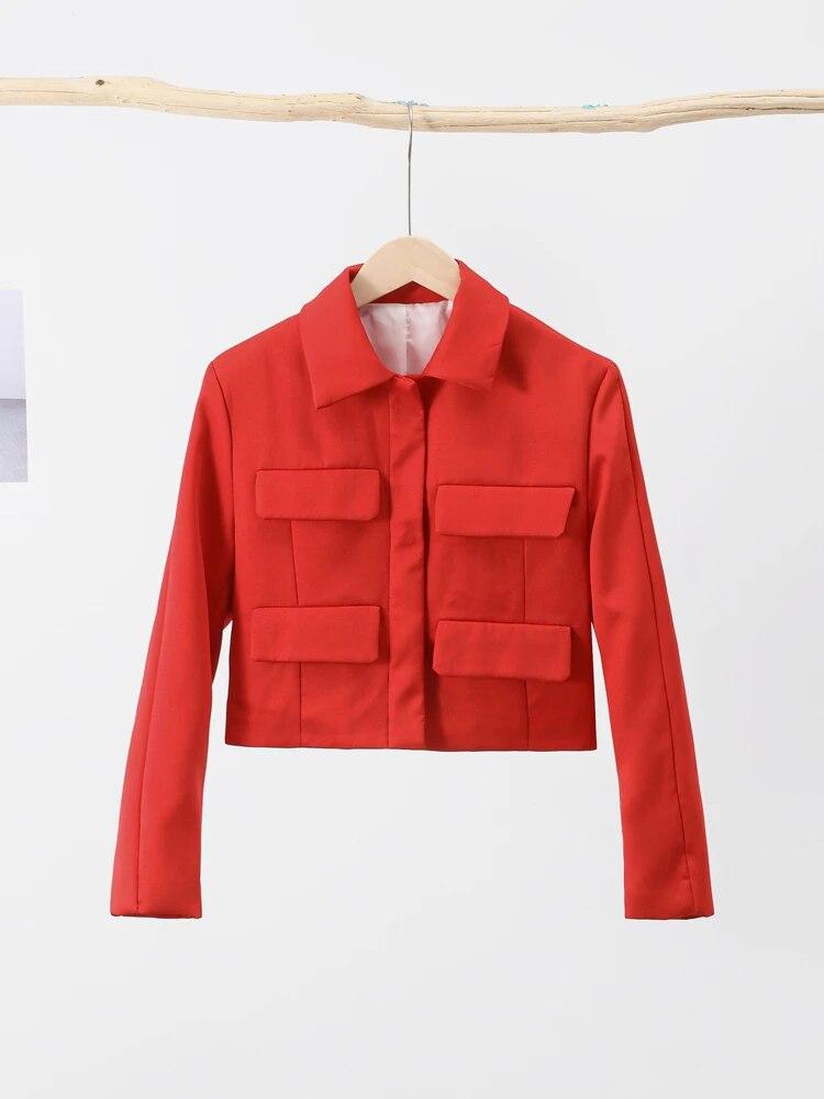 Red Short Coat Women Veste Fashion Suit Jacket Long Sleeve Turndown Slim Female Coats 2023 Autumn Winter Lady Commuter Tops Streetwear Jacket Overcoat