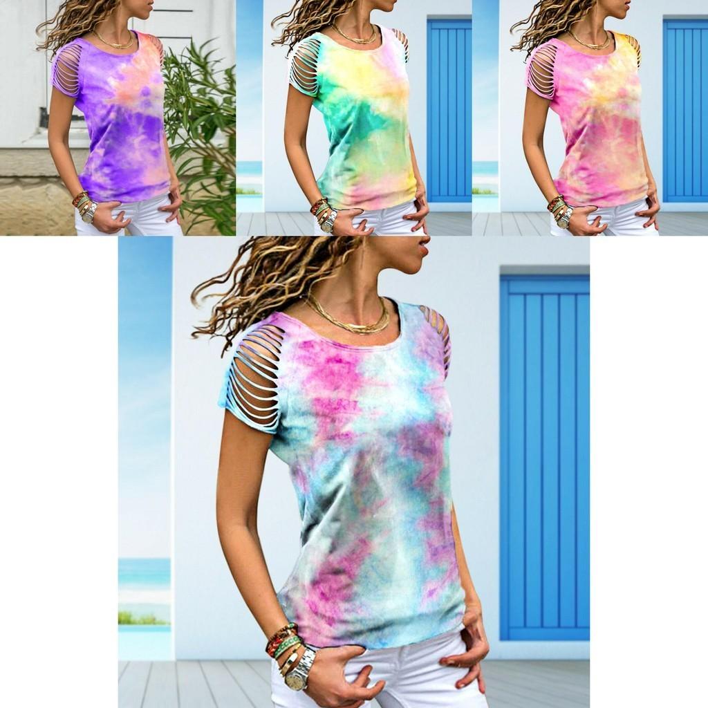Womens Vibrant Tie-dye Printed Tops Casual Short Sleeve Blouse Perfect For Summer