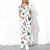 Women Plus Size Floral Printed Scrub Set Cutout Neck Short Sleeve Pocket Top Long Pants Two Piece