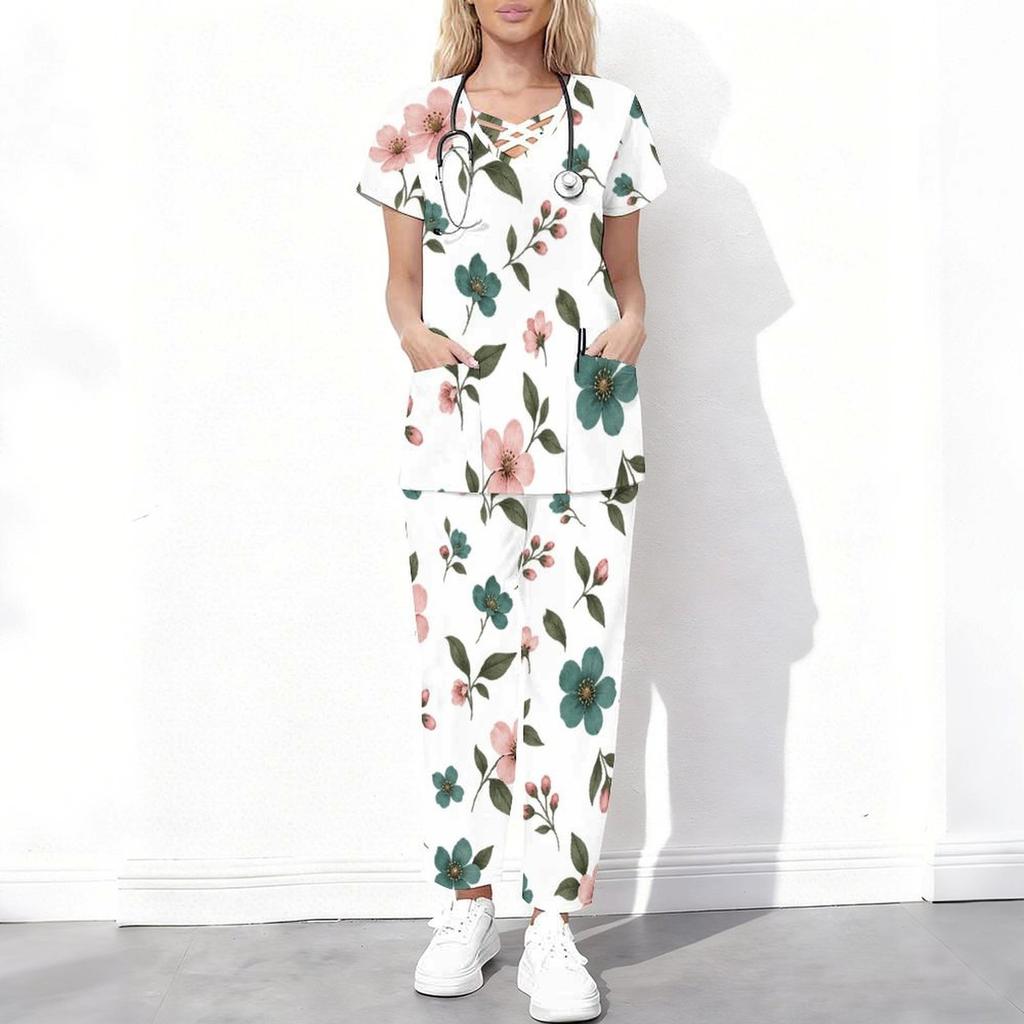Women Plus Size Floral Printed Scrub Set Cutout Neck Short Sleeve Pocket Top Long Pants Two Piece