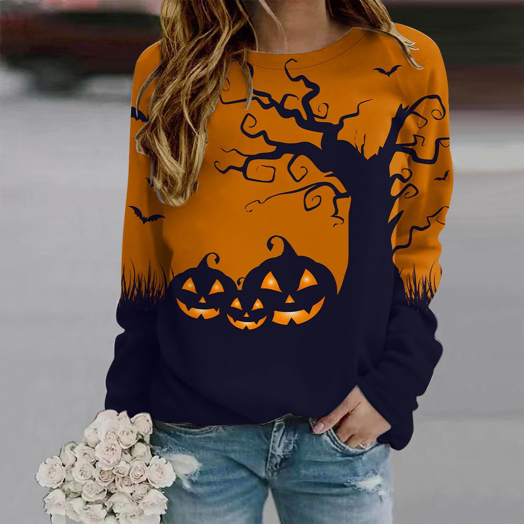 

Осенняя женская мода с круглым вырезом и длинным рукавом, свободная одежда, футболка с принтом злой тыквы 8XL жёлтый