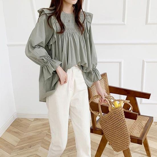 Women Shirt Round Neck Lantern Long Sleeve Pullover Tops Solid Color Loose Fit Ruffle Trim Pleated