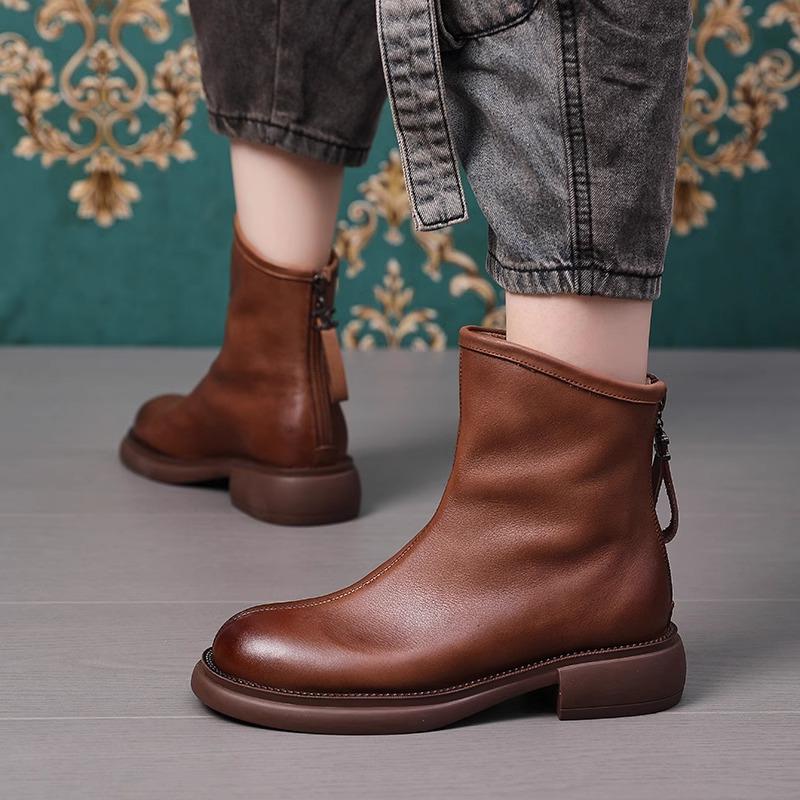 British Style Women's Genuine Leather Martin Boots, Autumn/Winter 2025 Vintage Brown, Non-Slip Fleece-Lined Flat Ankle Boots.