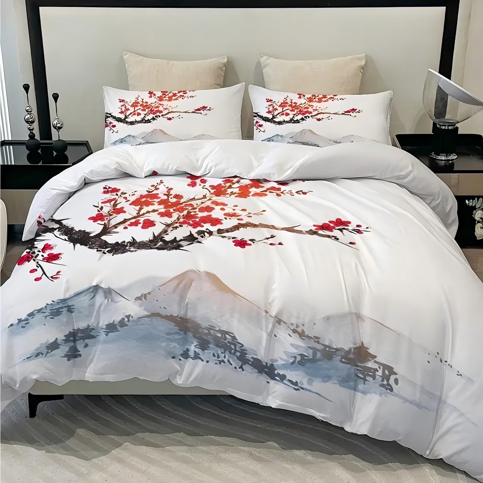 

Cherry Blossom Ink Painting Landscape 3D Printed Quilt Cover Soft Comfortable Bed Set Luxury Home Textile Duvet Cover Pillowcase 135x200cm 2pcs