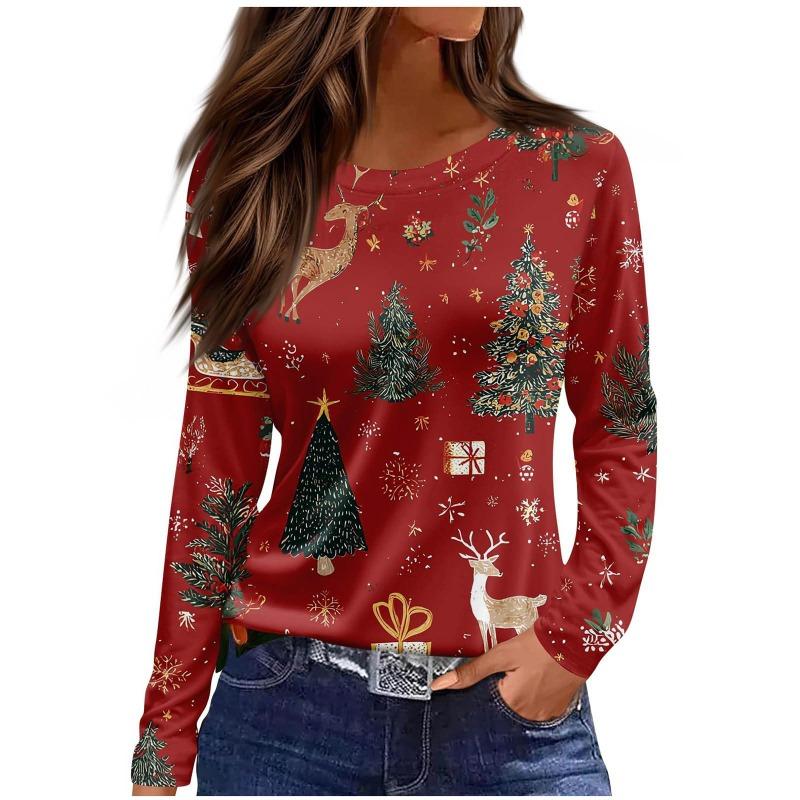 Christmas Limited Edition Women's 3D Floral Snowman Print Round Neck Long Sleeve T-shirt Fashion Casual Long Sleeve Top