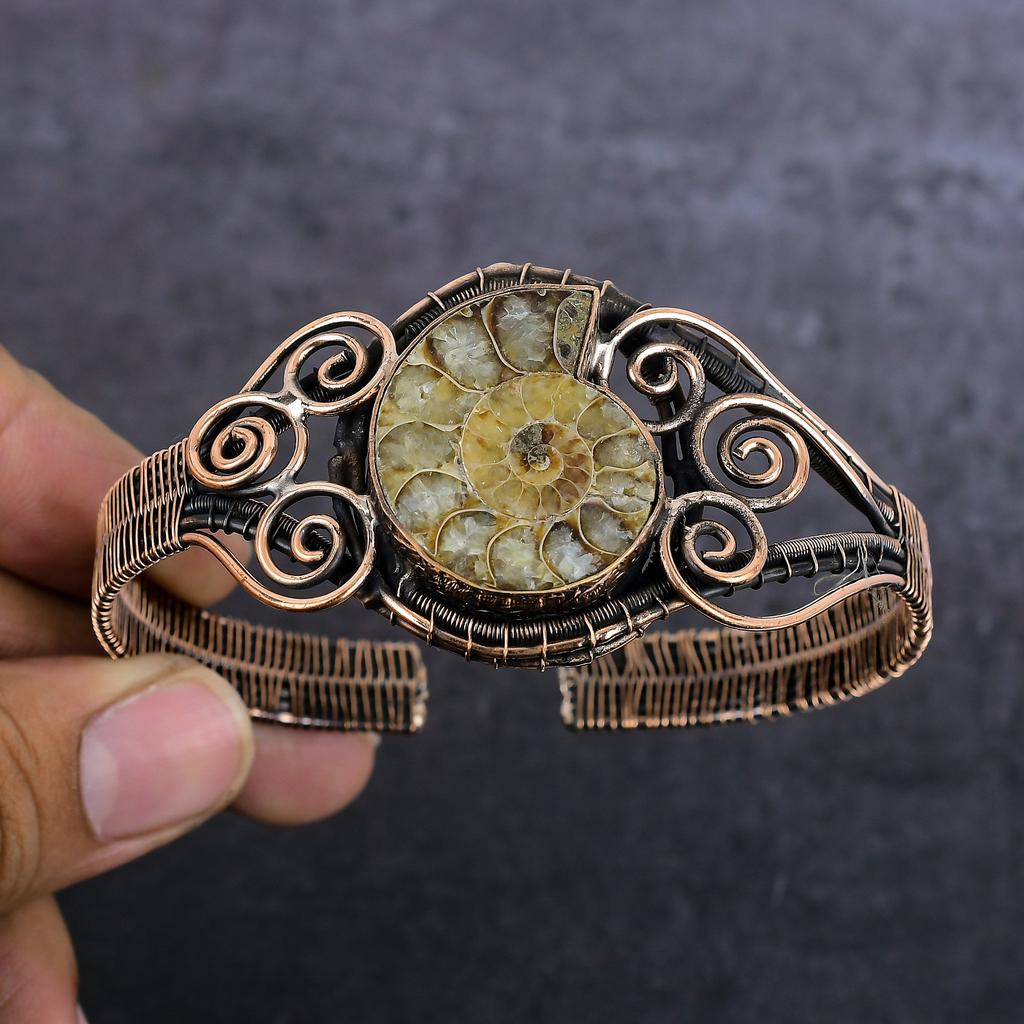 Natural Ammonite Fossil Gemstone Copper Wire Wrap Cuff Bangle Adjustable k7y53