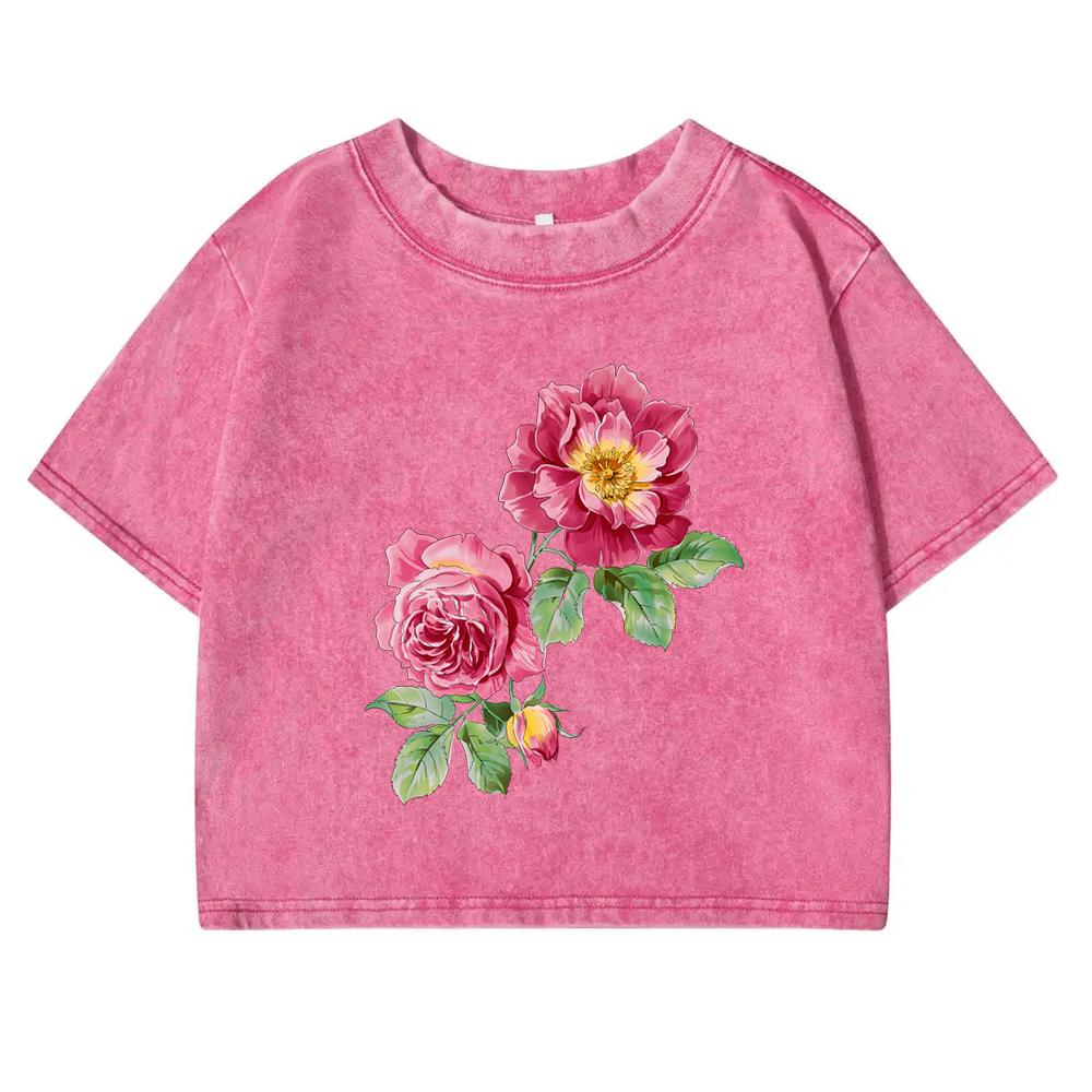 Beautiful Flowers Printing T-Shirt Women Washed Summer Soft Clothing Short Sleeve Streetwear Cotton Crop Top Female