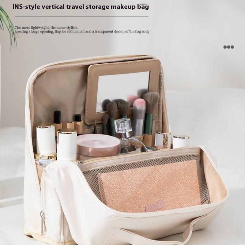 Hanging Makeup Case with Mirror, Large Capacity Travel Toiletry Bag, Trunk Organizer with Stand-Up Base & Brush Holder