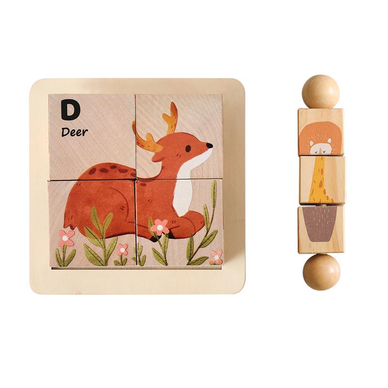 Houten Montessori Speelgoed Zeszijdig Cartoon Dier Puzzel Draaiend Puzzelspel Vroeg Educatief En Educatief Speelgoed Voor Baby