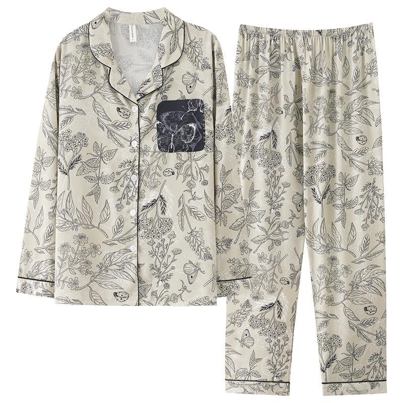 Ice Ribbon Chest Pad Pajamas Women'S Imitation Silk Long-Sleeved Trousers High-End Anti-Pitting Loungewear Set