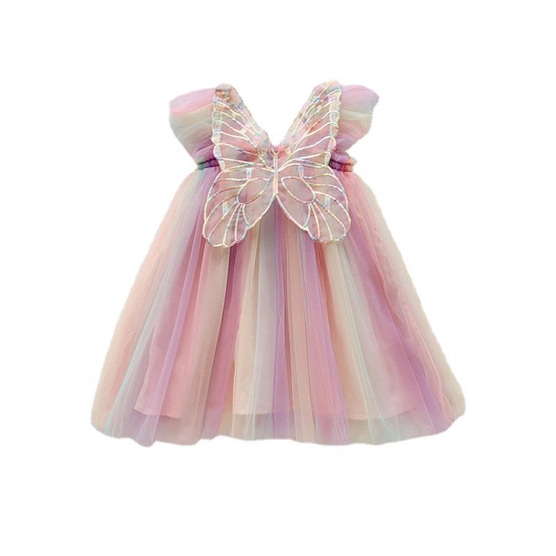 Meisjes Zomer Regenboog Tule Prinsessenjurk Met Pofmouwen En Volle Rok Voor Kinderfeestjes