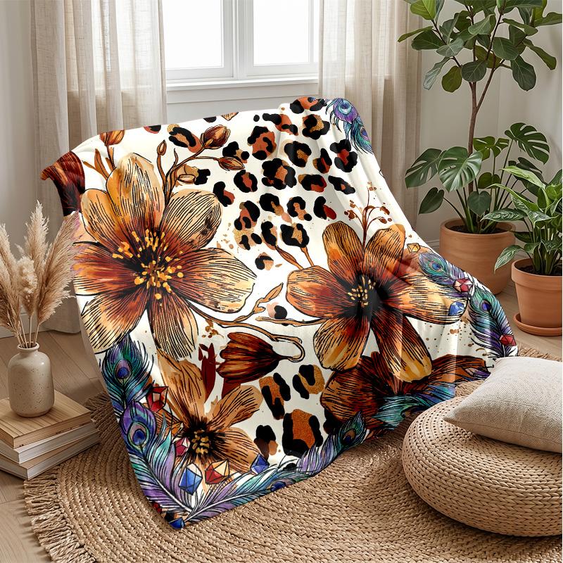 Floral Leopard Ribbon Theme Blanket Lightweight Warm Flannel Blanket Decorative Throw Blanket for Home Decoration