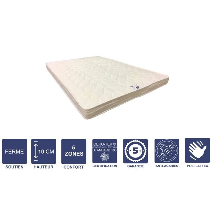 Matelas Ferme 130x190 x 10 cm - 5 zones de Confort - Ame Mousse Poli Lattex Haute Résilience - Hypoallergénique