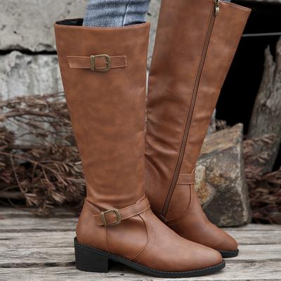 Herbst und Winter neue Damen Langstiefel Blockabsatz hohe Ritterstiefel Gürtelschnalle einfarbig Damenstiefel