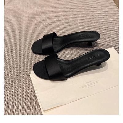 Minimalist Temperament Silk Word with High Heels Kitten and Leather Cool Slippers Women's Summer