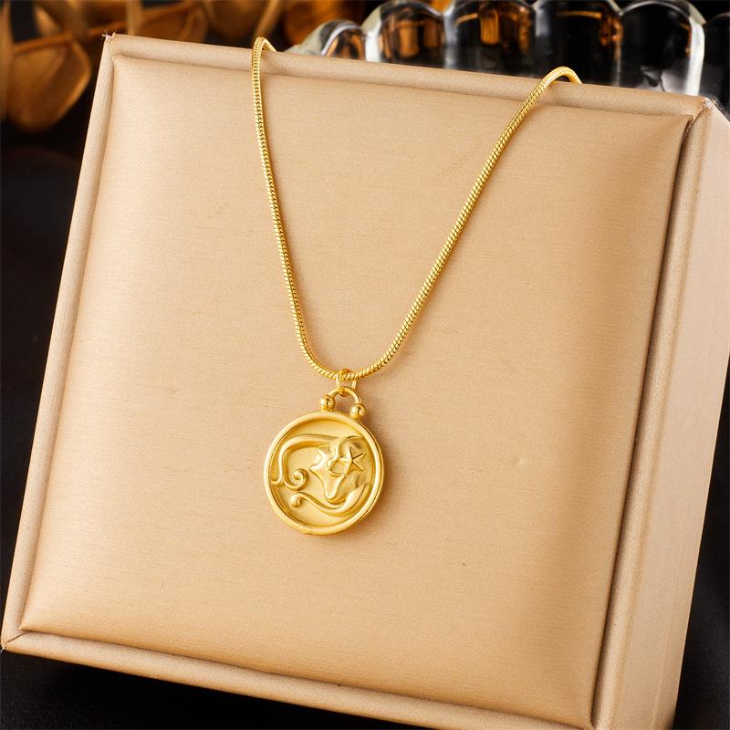 Retro New Round Double Sided Wearing 12 Constellation Pendant Titanium Steel Necklace Jewelry