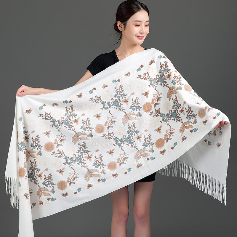 New Winter Shawl Embroider Tassel Women Shawl Thick Warm Cashmere Pashmina Scarves Lady Soft Wrap Bufanda Travel All-Match Scarf