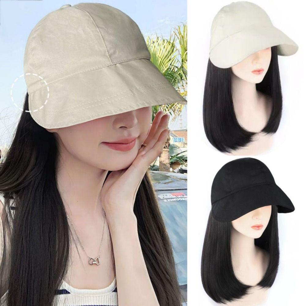 Bucket Hat Fisherman Hat with Wig Wide Brim Short Straight Hair Simple Women Sun Cap Wig  Travel