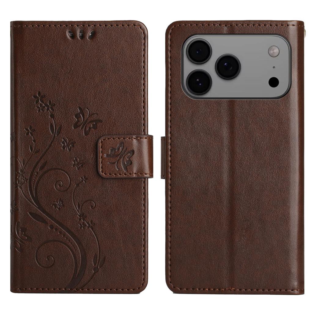 For iPhone 17 Pro Max Leather Wallet Case Butterfly Flower Imprinted Phone Cover with Strap