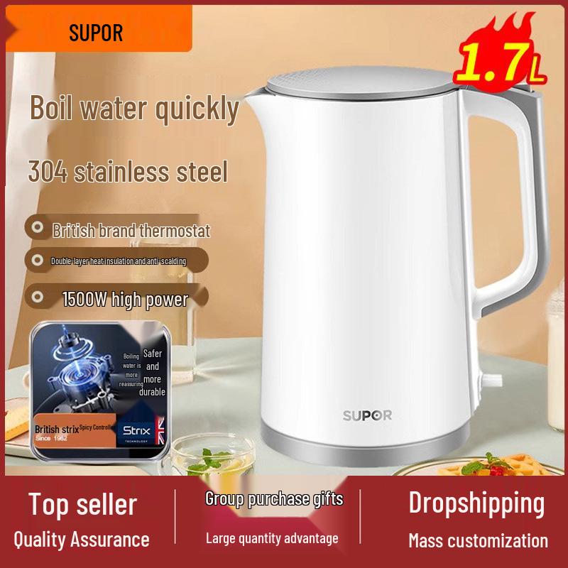 Supor 1,7L doppelwandiger elektrischer Wasserkocher, 1500W, verbrühsicher, aus 304 Edelstahl