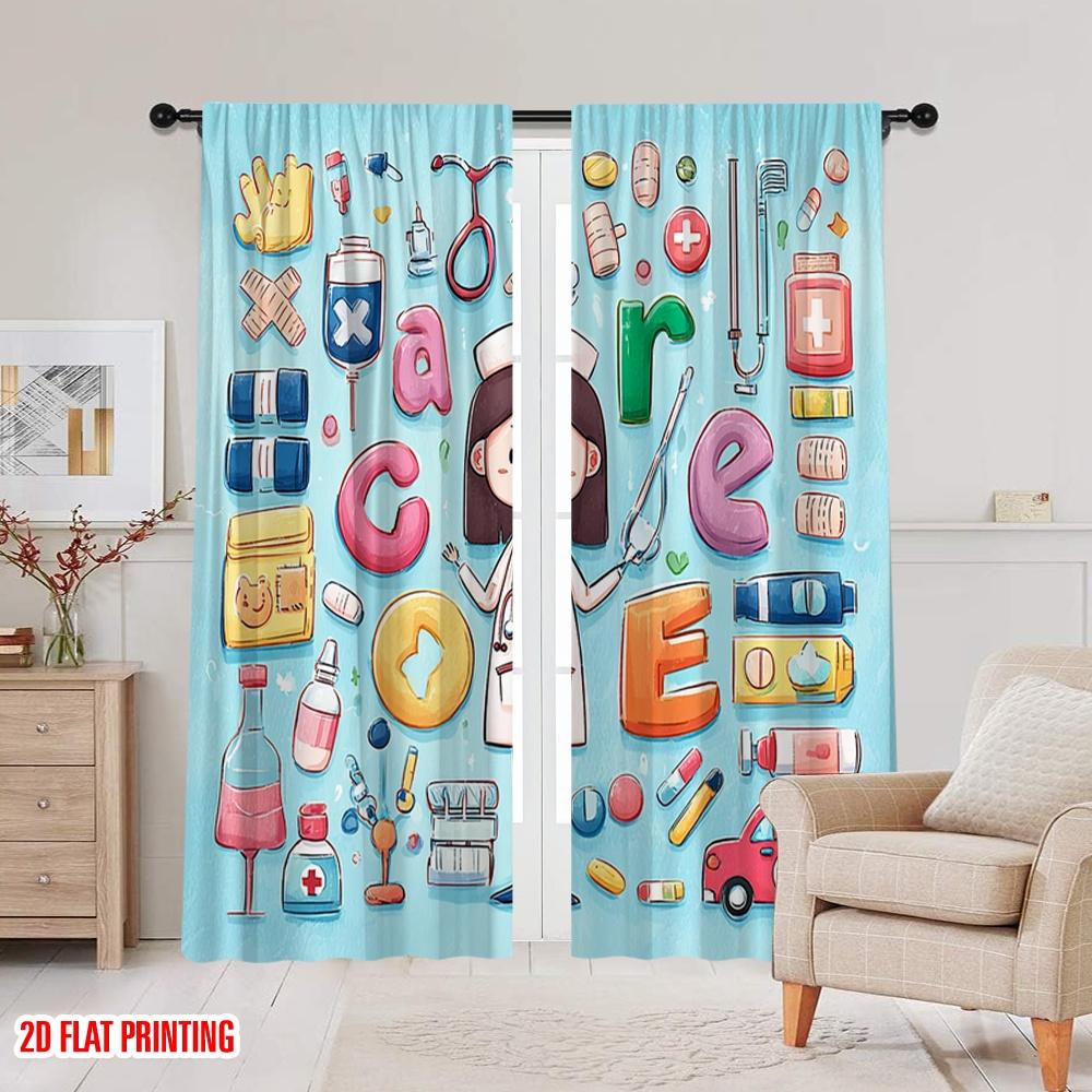 2pcs,2D plane printing Curtain Popular Vibrant Medical Polyester (without rod) Home Decor for Bedroom, Living Room