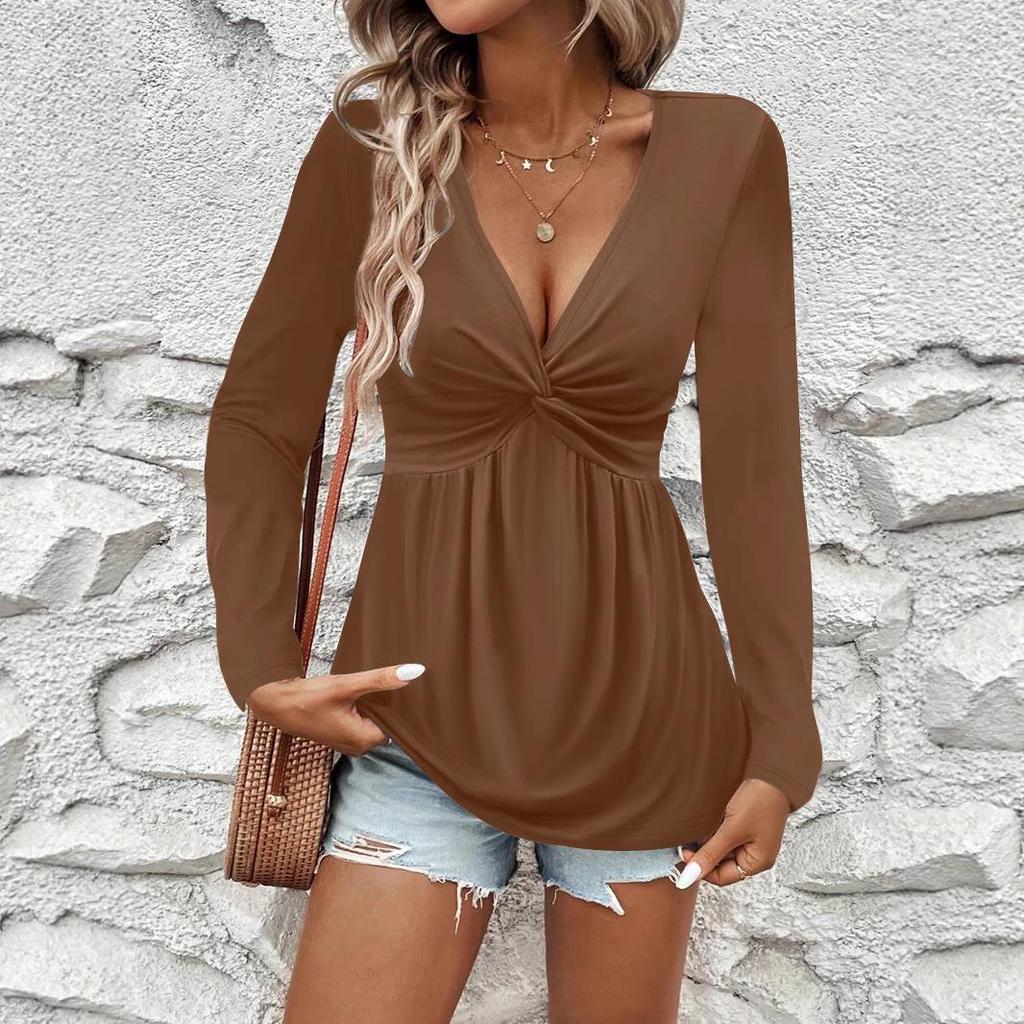 European & American 2025 Autumn/Winter Women's Solid Color Long Sleeve V-Neck T-Shirt