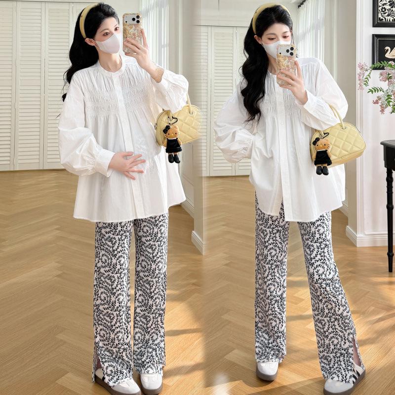 Spring Maternity Versatile Floral Shirt & Straight-Leg Pants Set M