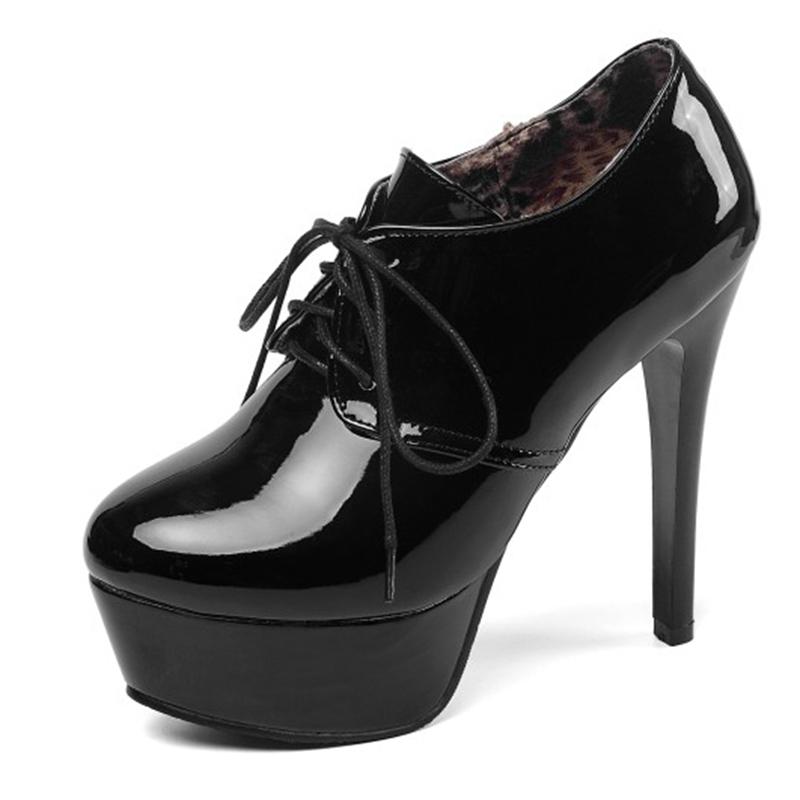 Pumps Round Toe 13cm Thin High Heels Patent Leather Lace Up Cross-tied Platforms 33-45