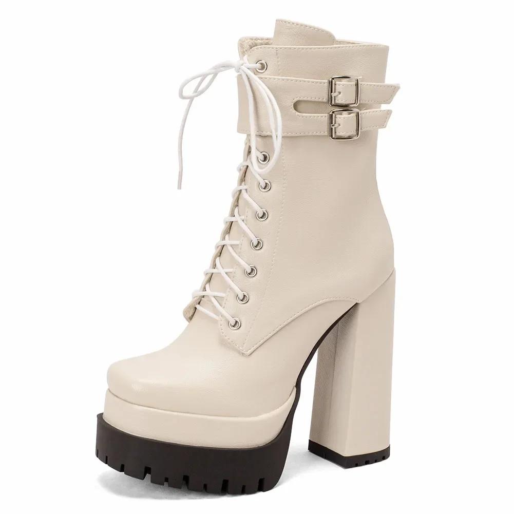 Botas de plataforma para mujer con cordones y tacón grueso súper alto, botines de moda para mujer, otoño e invierno, nuevas. 38