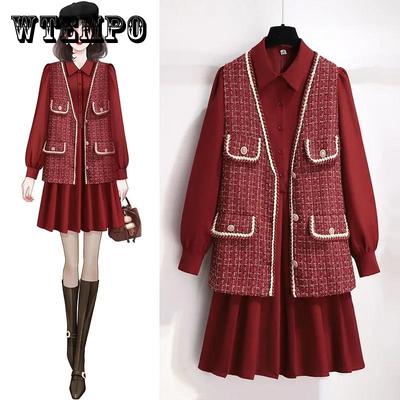 Anzug Weibliche Herbst Winter Weibliche Rot Kleid Set In EINEM Einzigen Kleid Jacke Rock