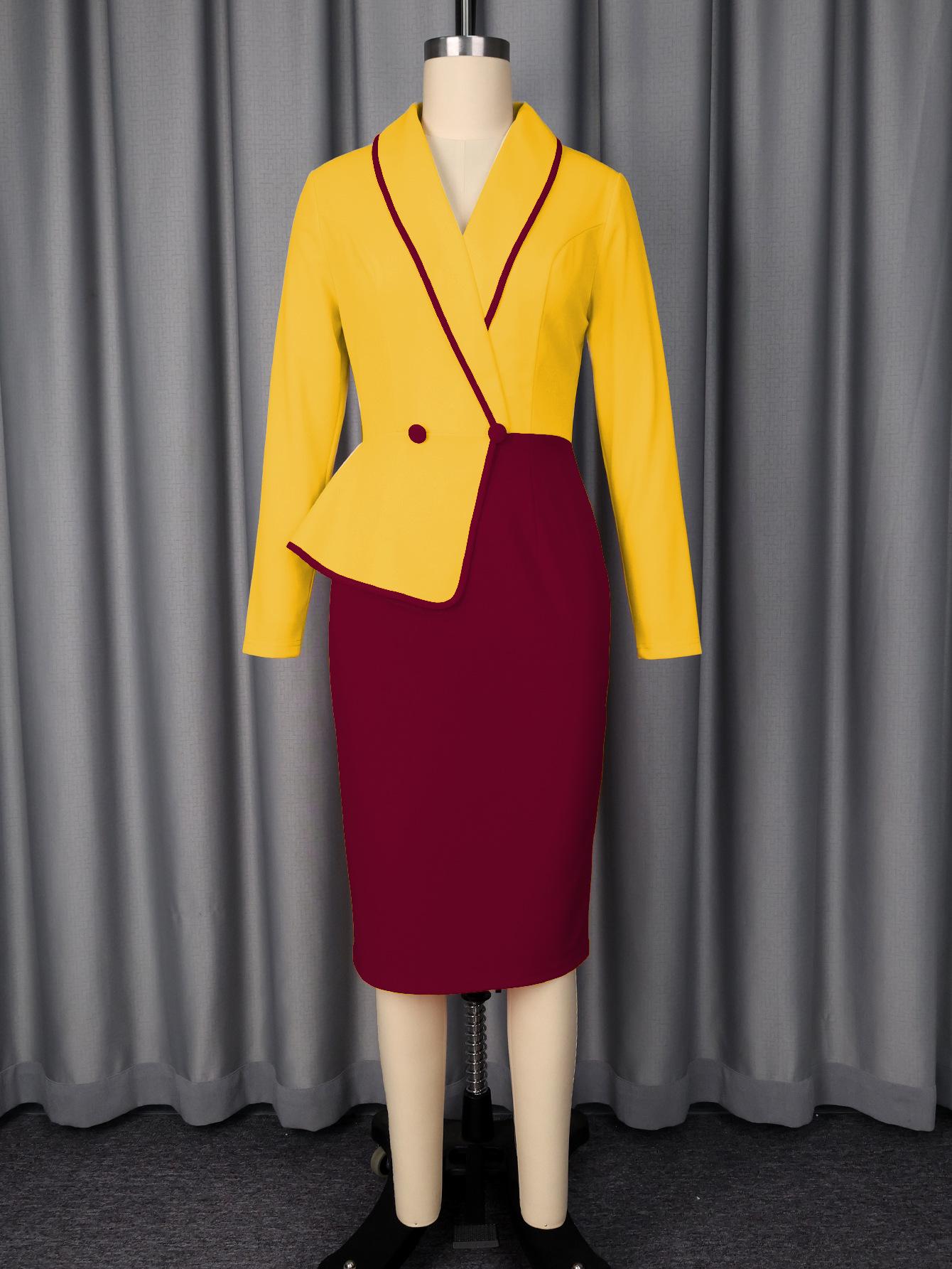 

Plus Size Women s Elegant Color Block Lapel Suit Dress with Waist-Cinching and Hip-Hugging Design for Formal Occasions 4XL вина червоного кольору