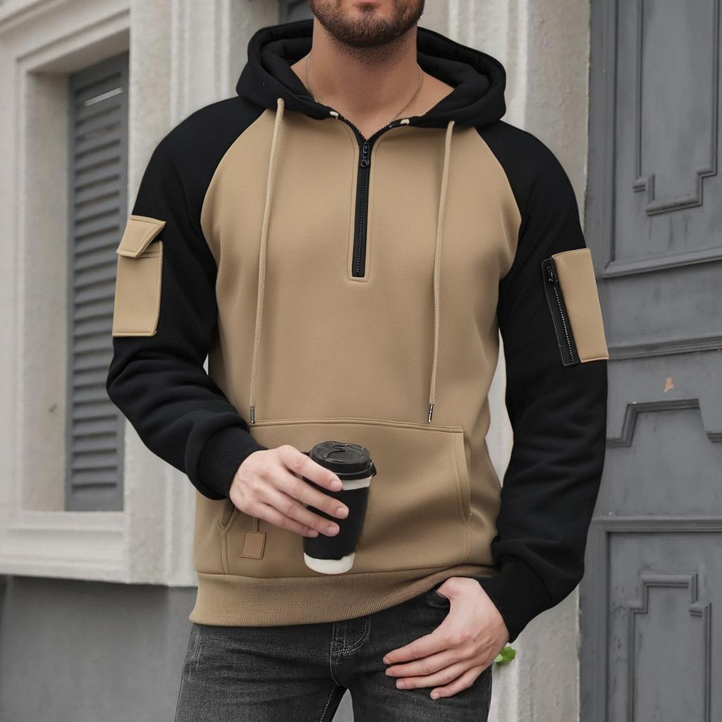 Mens  Pullover Long Sleeve Hoodies Color Block Sweatshirt Fashion Hoodies With Pockets