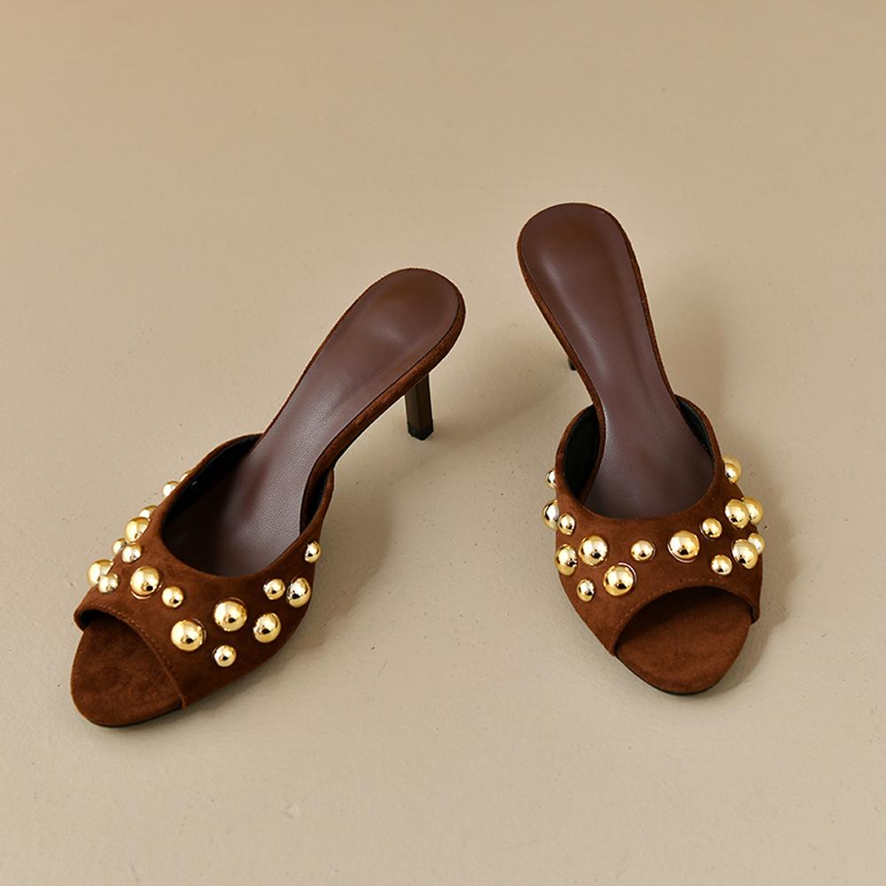 

Заклепки с открытым носком мюли на шпильках с золотыми заклепками декор классические сексуальные женские летние сандалии для платья, вечеринки, повседневной носки 42 коричневый
